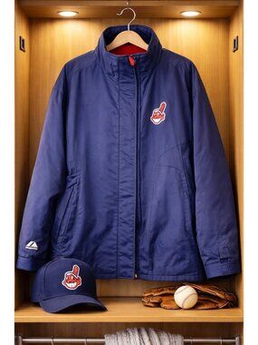 VTG 90s Cleveland Indians Majestic Navy Fleece Lined Jacket XXL MLB Mens Korea